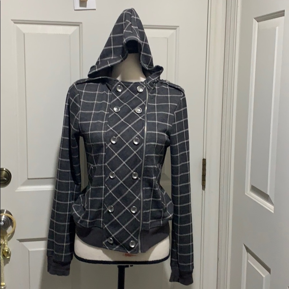 Plaid Brown Hoodie Pea Coat/Jacket